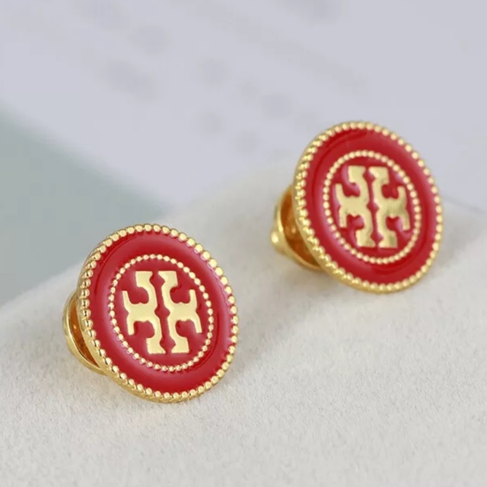 Tory Burch Red & Gold Button Logo Stud Earrings - Picture 2 of 5